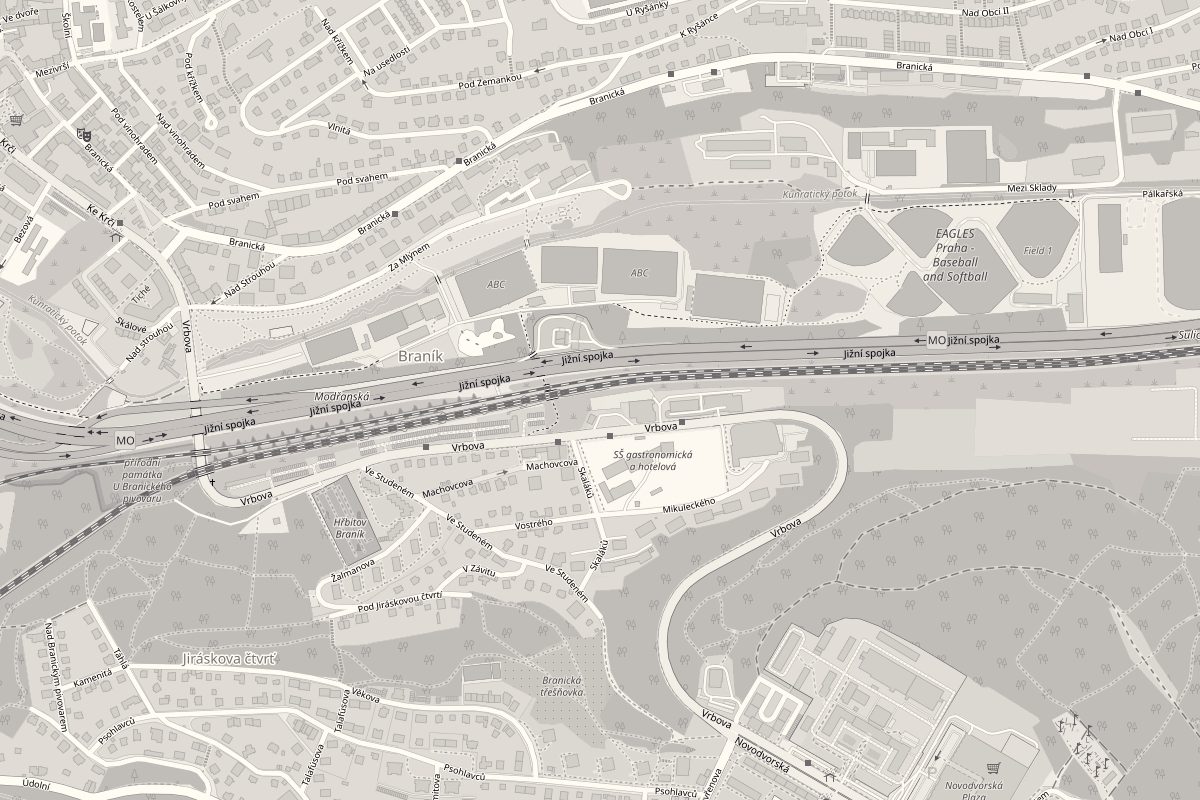 Mapa okolí provozovny ve Vrbově ulici v pražském Braníku